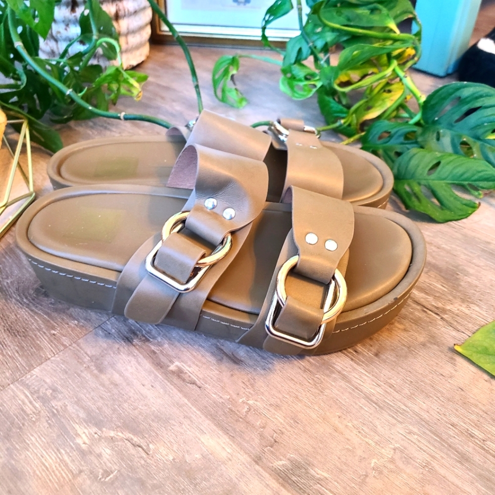 Dolce Vita Olive Green Platform Slide Sandals with Gold Buckles